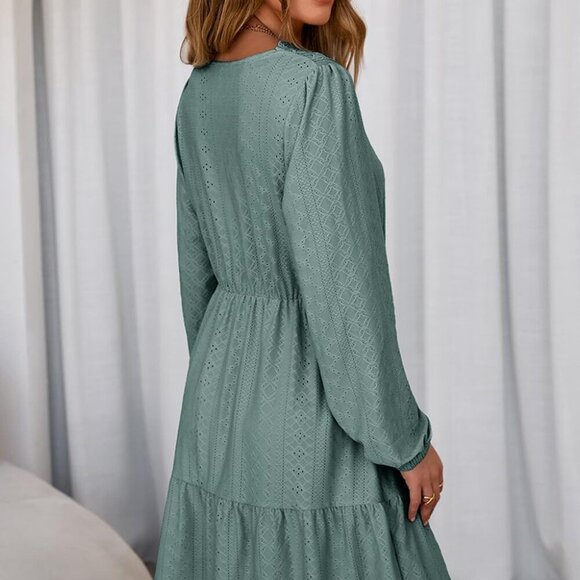 Fall Dresses for Women 2025 Elegant Lace Hollow Out Embroidered V Neck Long Slee - Picture 3 of 6